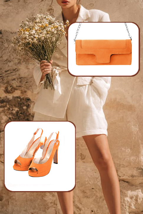 Dress heels peep-toe slingback in apricot orange leather with high slim heels with a platform at the front and round toe - Worn view
